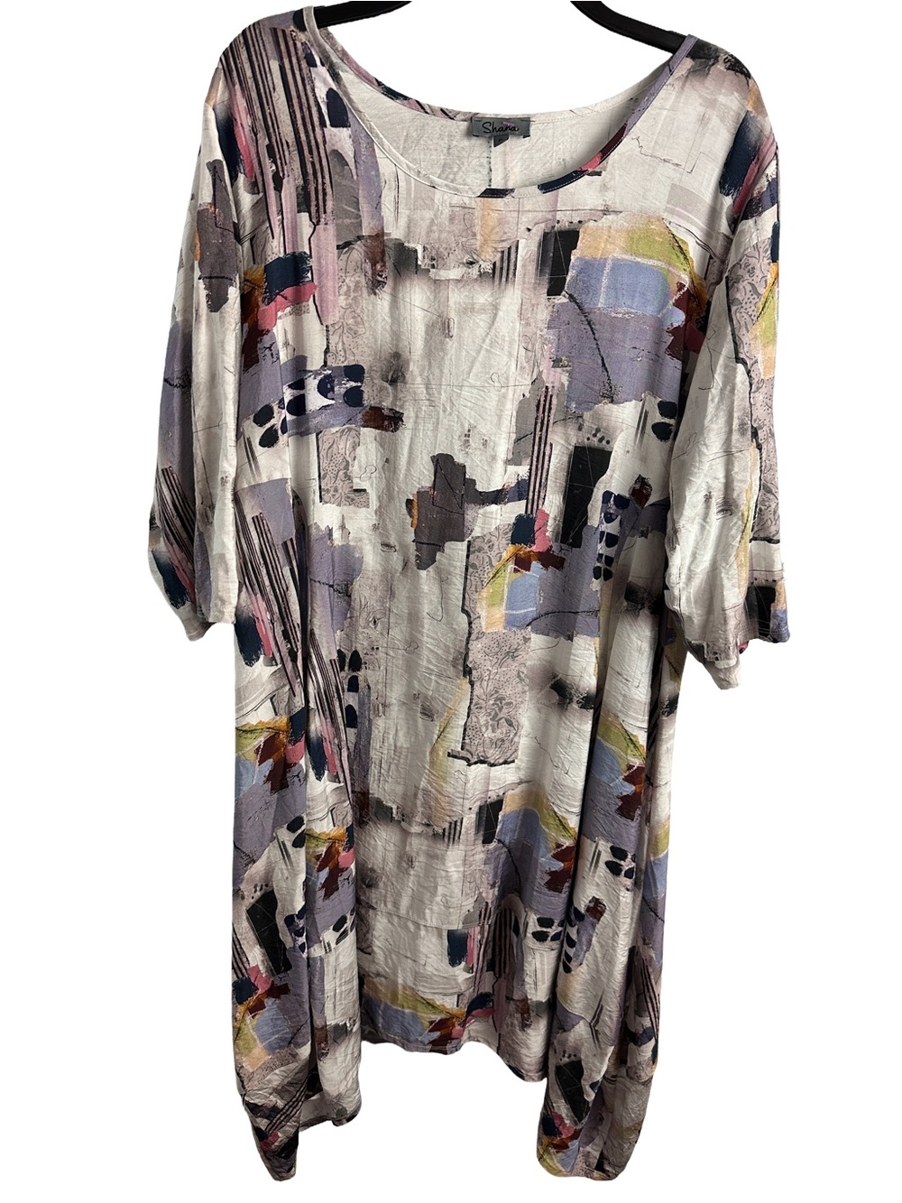 Art to Wear Shan Abstract Print Midi Dress 3/4 Sleeves Lagenlook  XL